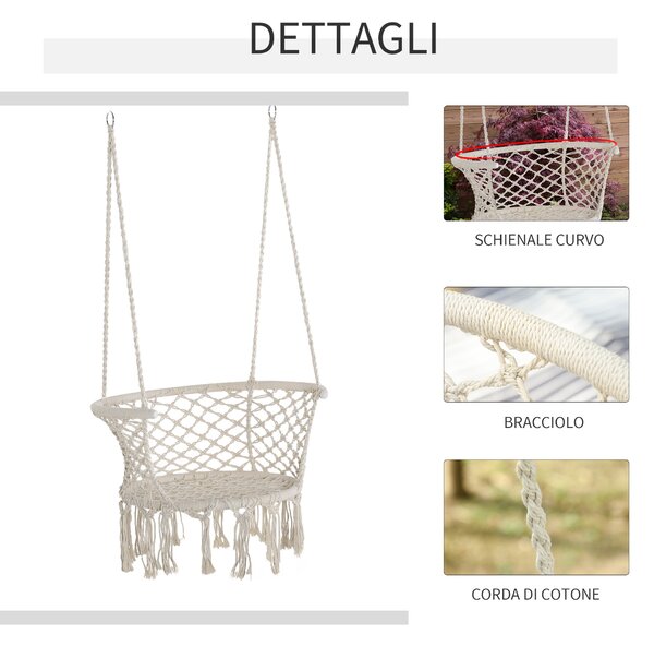 Outsunny Amaca Stile Boho Chic Sedia Sospesa Poliestere e Macramè, per Relax, 80x60x36cm - Crema|Aosom