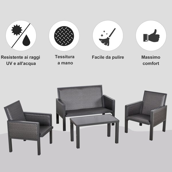 Outsunny Salotto Giardino Rattan Sintetico, Divano Esterno + Tavolino, Set 4 Pz, Grigio, Per Momenti Unici all'Aperto|Aosom
