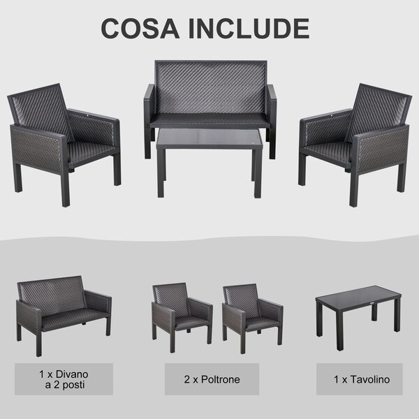 Outsunny Salotto Giardino Rattan Sintetico, Divano Esterno + Tavolino, Set 4 Pz, Grigio, Per Momenti Unici all'Aperto|Aosom