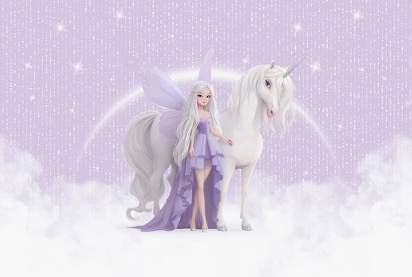 Carta da parati Una fata con un unicorno tra le nuvole, Carta da parati per Bambini, Carta da parati per Ragazze, w03527 : Uwalls.it