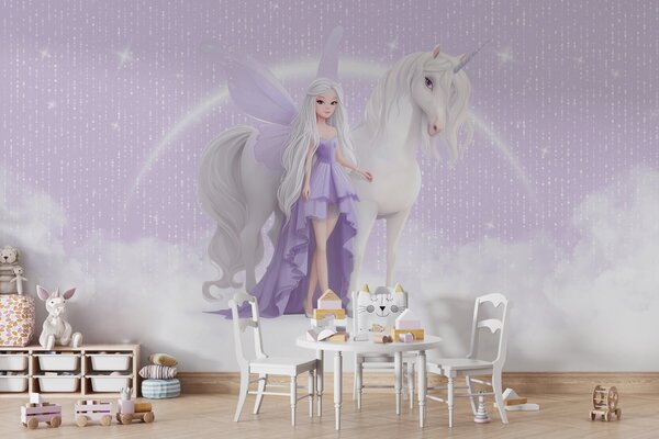 Carta da parati Una fata con un unicorno tra le nuvole, Carta da parati per Bambini, Carta da parati per Ragazze, w03527 : Uwalls.it