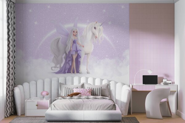Carta da parati Una fata con un unicorno tra le nuvole, Carta da parati per Bambini, Carta da parati per Ragazze, w03527 : Uwalls.it