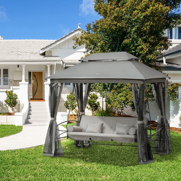 Outsunny Dondolo 3 Posti e Lettino Singolo Copertura a Gazebo con Zanzariera e Cuscini, Grigio Scuro 256x172x248cm|Aosom