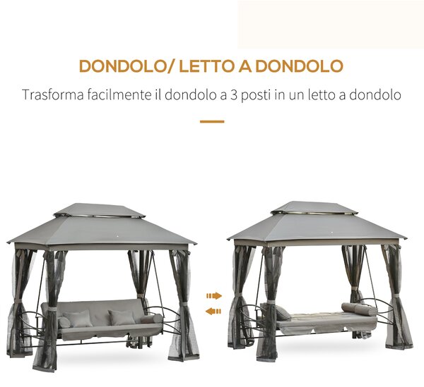Outsunny Dondolo 3 Posti e Lettino Singolo Copertura a Gazebo con Zanzariera e Cuscini, Grigio Scuro 256x172x248cm|Aosom