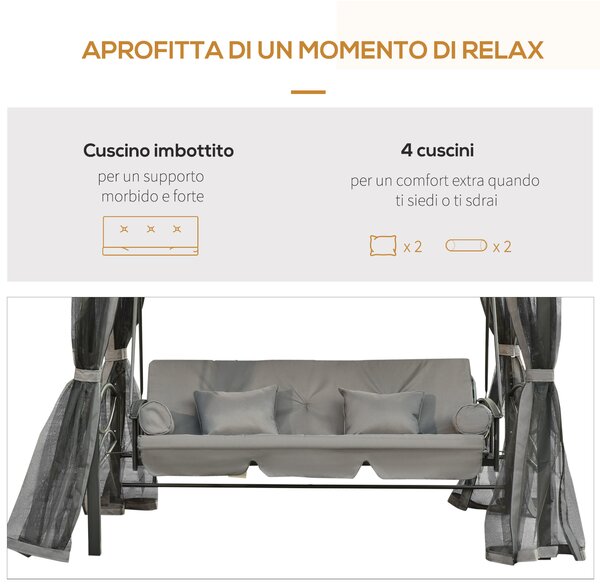 Outsunny Dondolo 3 Posti e Lettino Singolo Copertura a Gazebo con Zanzariera e Cuscini, Grigio Scuro 256x172x248cm|Aosom