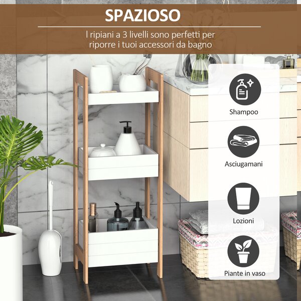HOMCOM Mobiletto Bagno Multiuso Scaffale a 3 Ripiani Compatto in Legno MDF e Bambù, Bianco, 27.5x20.8x74cm|Aosom