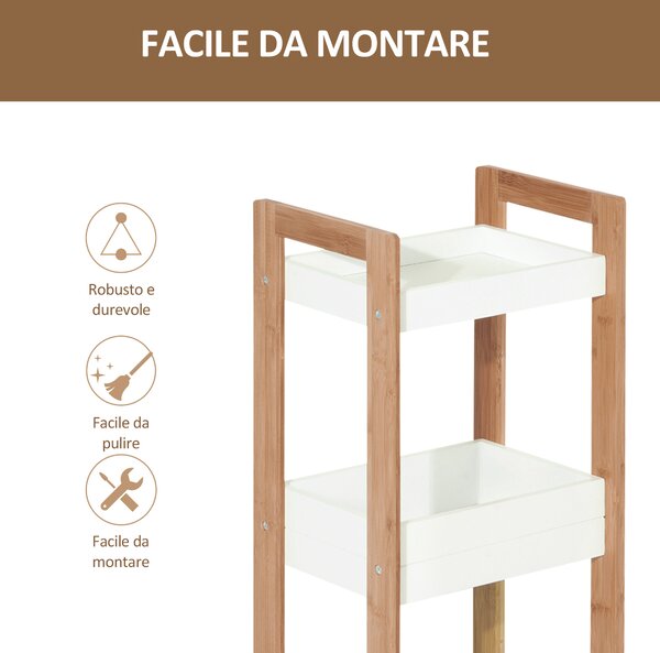 HOMCOM Mobiletto Bagno Multiuso Scaffale a 3 Ripiani Compatto in Legno MDF e Bambù, Bianco, 27.5x20.8x74cm|Aosom