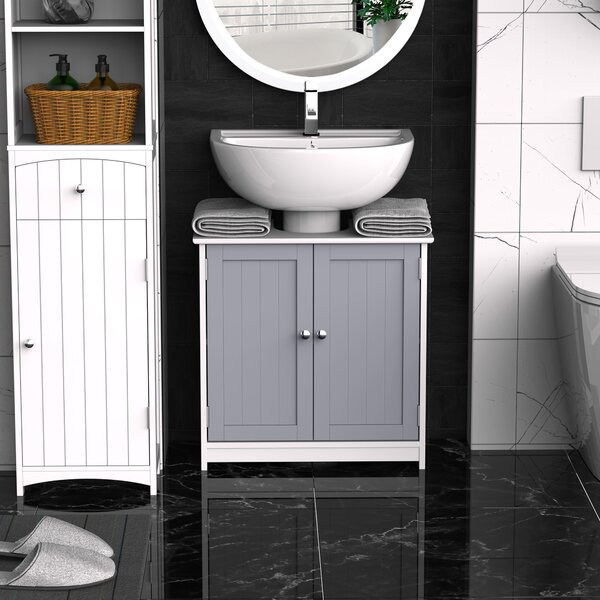 Kleankin Mobile Sotto Lavabo Bagno con Taglio a U, Armadietto 2 Ante con Mensola Regolabile in MDF, 60x30x60cm Bianco Grigio|Aosom