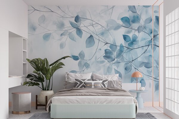 Carta da parati Pittura ad acquerello texturizzata con imitazione di foglie e rami blu, colori, Carta da parati Acquerello, w09133v1 : Uwalls.it