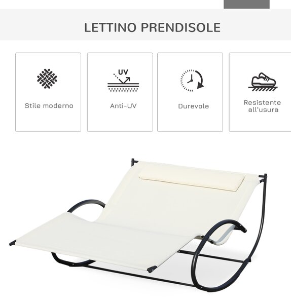 Outsunny Lettino Prendisole 2 Posti, Sdraio da Giardino a Dondolo in Metallo e Textilene, 140x200x36-88cm, Bianco Crema|Aosom