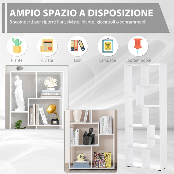 HOMCOM Libreria Scaffale Moderna di Design a 8 Ripiani in Legno Truciolare, Arredamento Casa e Ufficio, 70x24x178cm Bianco|Aosom