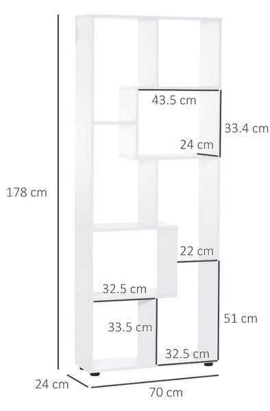HOMCOM Libreria Scaffale Moderna di Design a 8 Ripiani in Legno Truciolare, Arredamento Casa e Ufficio, 70x24x178cm Bianco|Aosom