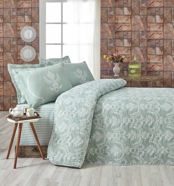 Set con copriletto e federa verde con rivestimento trapuntato 200x220 cm Pure – Mijolnir