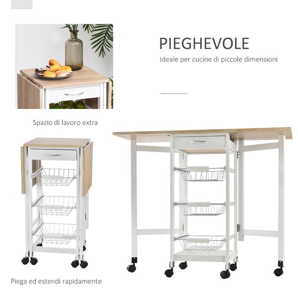 HOMCOM Carrello da Cucina con 3 Cestini, Cassetto e Ribalte, 6 Ruote Girevoli, in MDF e Metallo, 37x37x77.5cm, Bianco e Legno|Aosom