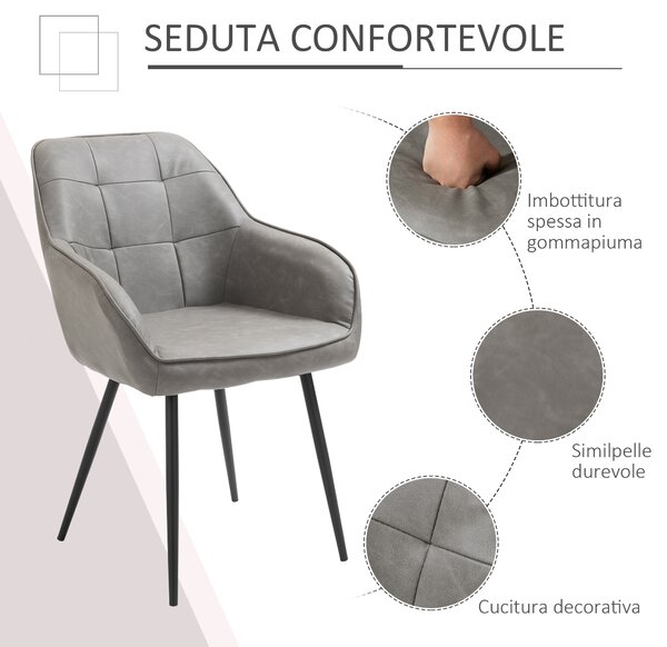 HOMCOM Sedia per Sala da Pranzo in Stile Industriale, Sedia per Soggiorno Moderna in Similpelle Grigia e Metallo Sedia Imbottita Nero|Aosom