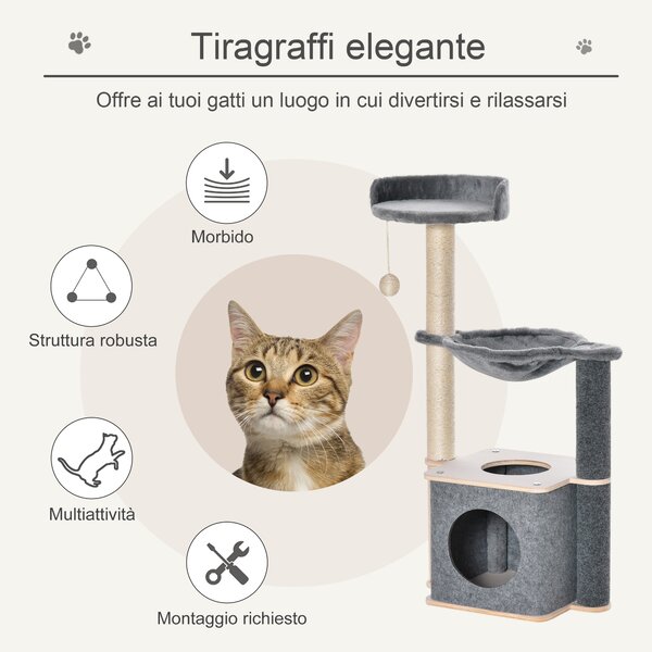 PawHut Tiragraffi per gatto Albero Multilivello Palestra per Gatti con Casetta, Amaca, Cuccia e Corde in Sisal, 48x34x95cm, Grigio|Aosom