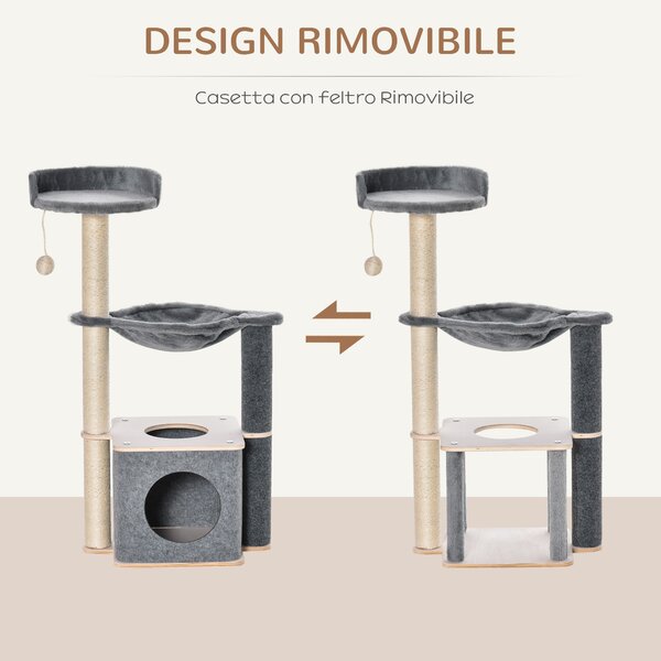 PawHut Tiragraffi per gatto Albero Multilivello Palestra per Gatti con Casetta, Amaca, Cuccia e Corde in Sisal, 48x34x95cm, Grigio|Aosom