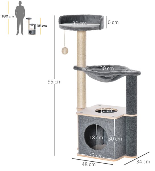 PawHut Tiragraffi per gatto Albero Multilivello Palestra per Gatti con Casetta, Amaca, Cuccia e Corde in Sisal, 48x34x95cm, Grigio|Aosom