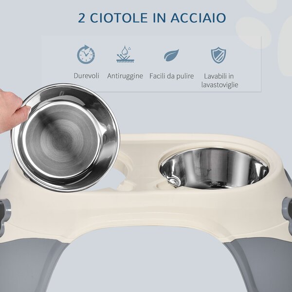 PawHut Doppia Ciotola per Cani Rialzata in Acciaio Inox e Plastica con Piedini Antiscivolo, 47x25x20 cm, Bianco e Grigio | Aosom Italy