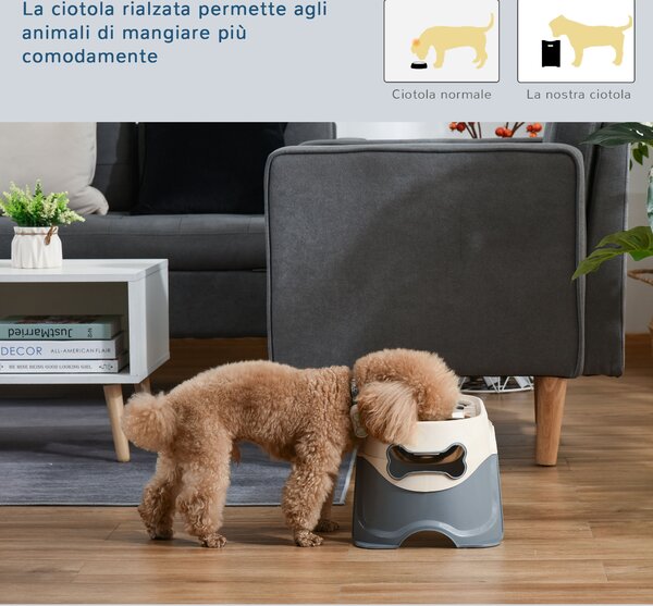 PawHut Doppia Ciotola per Cani Rialzata in Acciaio Inox e Plastica con Piedini Antiscivolo, 47x25x20 cm, Bianco e Grigio | Aosom Italy