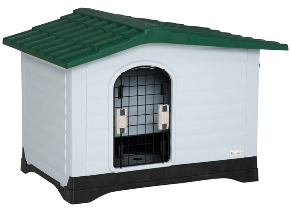 PawHut Casetta Cuccia per Cani da Esterno in Plastica con Cancello Reversibile e Finestra, 91x69x66cm, Bianco Verde