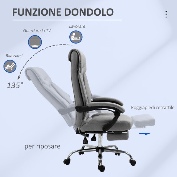 Vinsetto Poltrona Ufficio Grigio Girevole, Ergonomica, Poggiapiedi Retrattile, Reclinabile 135°, Altezza Regolabile - Comfort Unico|Aosom