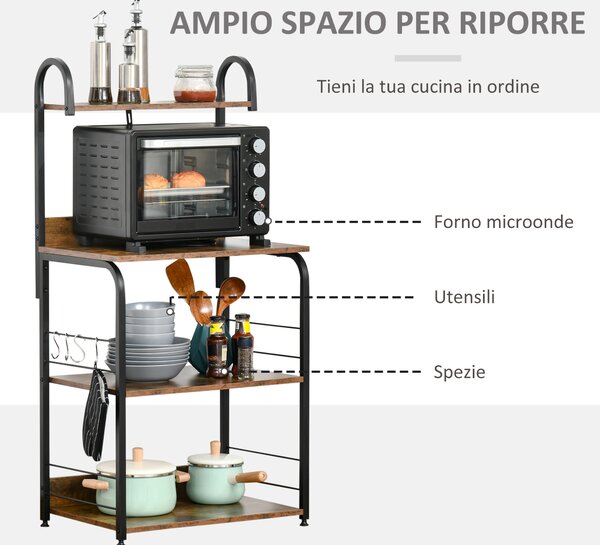HOMCOM Mobiletto per Microonde a 4 Ripiani e 4 Ganci, Mobile Cucina in Acciaio e Legno 60x40x125cm, Marrone Rustico|Aosom