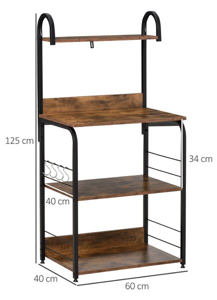 HOMCOM Mobiletto per Microonde a 4 Ripiani e 4 Ganci, Mobile Cucina in Acciaio e Legno 60x40x125cm, Marrone Rustico|Aosom