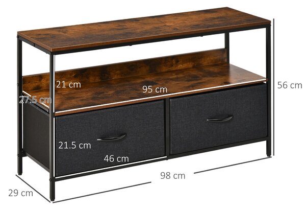 HOMCOM Mobile TV Stile Industriale con Cassetti Pieghevoli in Tessuto e Mensola, Metallo e MDF, 98x29x56cm, Marrone e Nero|Aosom