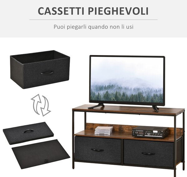 HOMCOM Mobile TV Stile Industriale con Cassetti Pieghevoli in Tessuto e Mensola, Metallo e MDF, 98x29x56cm, Marrone e Nero|Aosom