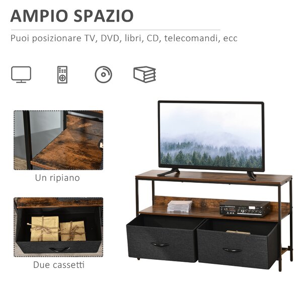 HOMCOM Mobile TV Stile Industriale con Cassetti Pieghevoli in Tessuto e Mensola, Metallo e MDF, 98x29x56cm, Marrone e Nero|Aosom