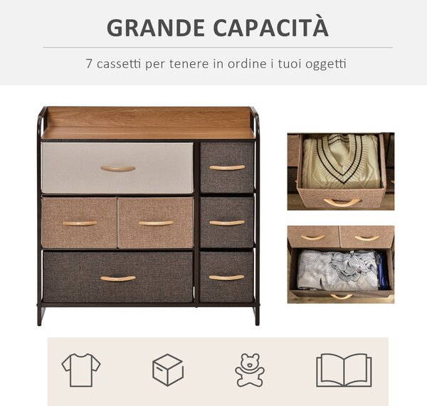 HOMCOM Cassettiera 7 Cassetti Pieghevoli in Tessuto e Ripiano in MDF, Arredamento Soggiorno e Camera, 80x29x78.5cm, Multicolore