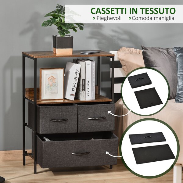 HOMCOM Mobile Cassettiera Multiuso con 3 Cassetti Pieghevoli in Tessuto, Arredamento Soggiorno e Camera, 58x29x81.5cm, Grigio Scuro