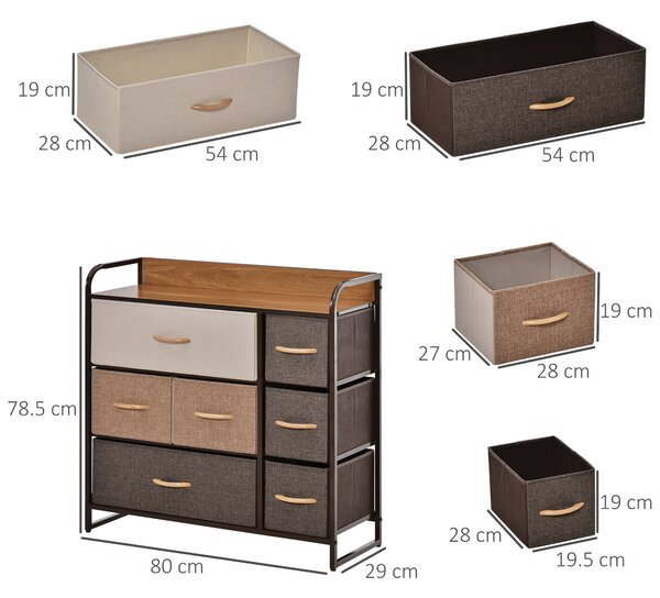 HOMCOM Cassettiera 7 Cassetti Pieghevoli in Tessuto e Ripiano in MDF, Arredamento Soggiorno e Camera, 80x29x78.5cm, Multicolore