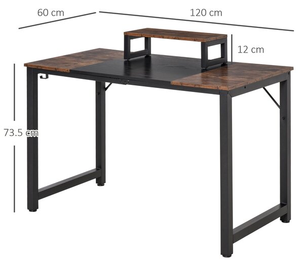 HOMCOM Scrivania da Ufficio Stile Industriale, Scrivania Porta PC con Supporto per il Monitor e Gancio, Marrone e Nero, 120x60x73.5cm|Aosom