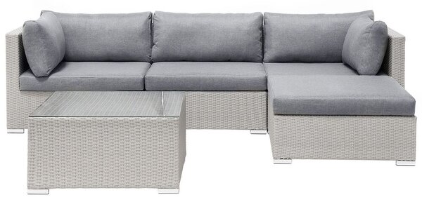 Set di divani da giardino in 2 pezzi beige con cuscini grigi Tavolino da caffè angolare a 4 posti sinistro Beliani