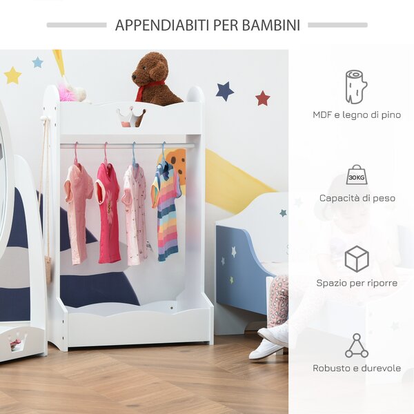 HOMCOM Appendiabiti per Bambini con Ripiani e Ganci Laterali, Arredamento per Cameretta in Legno, 70.5x37x103cm, Bianco|Aosom