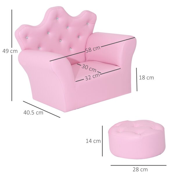 HOMCOM Set Poltrona per Bambini con Poggiapiedi e Bottoni Brillanti, Struttura in Legno con Imbottitura, Rivestimento PVC Rosa|Aosom