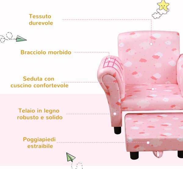 HOMCOM Poltroncina per Bambini con Poggiapiedi Estraibile, Struttura in Legno con Imbottitura, 57x42x45cm, Rosa e Bianco|Aosom