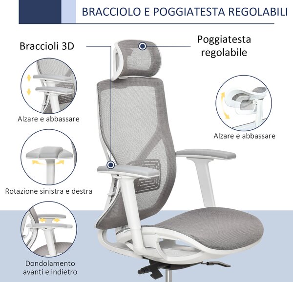 Vinsetto Sedia Ergonomica da Ufficio Girevole con Poggiatesta e Braccioli Regolabili, Inclinazione e Altezza Regolabile, Grigio | Aosom