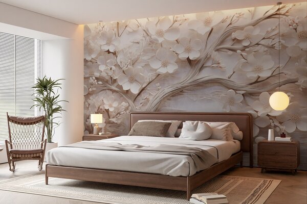 Carta da parati Albero strutturato con fiori bianchi e un tronco marrone, lo sfondo è bianco con linee, Carta da parati 3D, w09166 : Uwalls.it