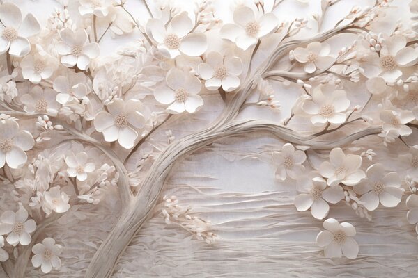 Carta da parati Albero strutturato con fiori bianchi e un tronco marrone, lo sfondo è bianco con linee, Carta da parati 3D, w09166 : Uwalls.it