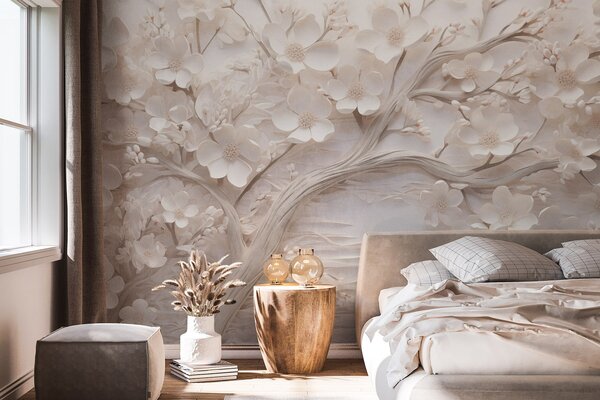 Carta da parati Albero strutturato con fiori bianchi e un tronco marrone, lo sfondo è bianco con linee, Carta da parati 3D, w09166 : Uwalls.it
