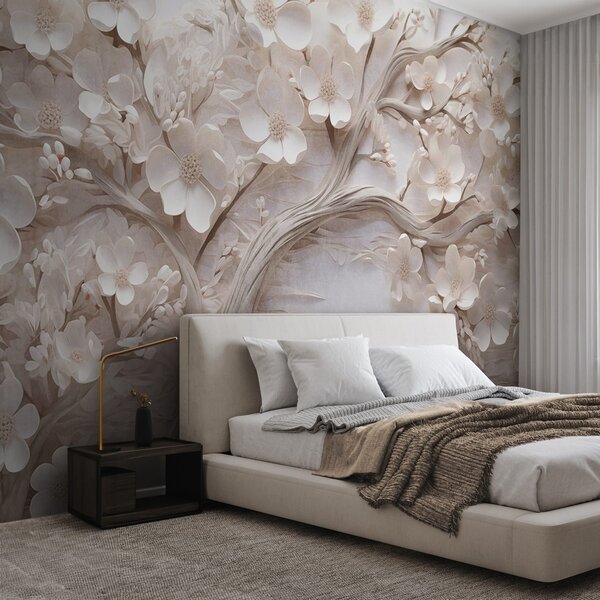 Carta da parati Albero strutturato con fiori bianchi e un tronco marrone, lo sfondo è bianco con linee, Carta da parati 3D, w09166 : Uwalls.it