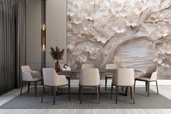 Carta da parati Albero strutturato con fiori bianchi e un tronco marrone, lo sfondo è bianco con linee, Carta da parati 3D, w09166 : Uwalls.it