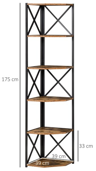 HOMCOM Libreria Angolare a Muro, Scaffale Stile Industriale in Legno e Metallo con 5 Ripiani, 39x39x175cm, Marrone Rustico|Aosom