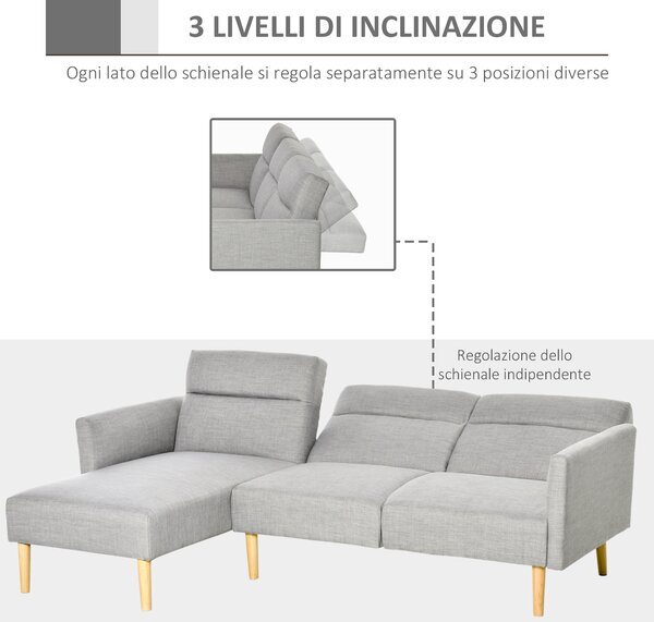 HOMCOM Divano Letto con Penisola in Tessuto Effetto Lino 3 Posti con Schienale Reclinabile e Gambe in Legno, 207x146x80cm, Grigio|Aosom