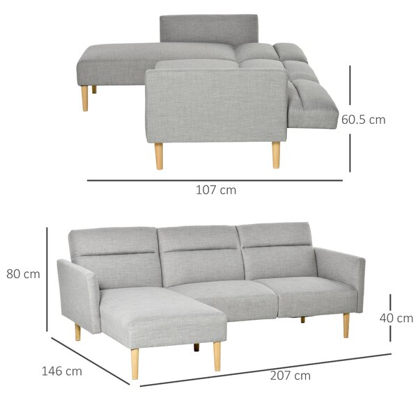 HOMCOM Divano Letto con Penisola in Tessuto Effetto Lino 3 Posti con Schienale Reclinabile e Gambe in Legno, 207x146x80cm, Grigio|Aosom