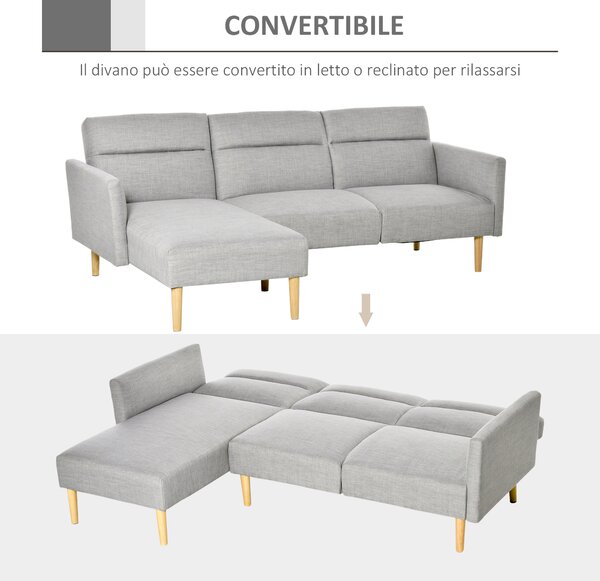 HOMCOM Divano Letto con Penisola in Tessuto Effetto Lino 3 Posti con Schienale Reclinabile e Gambe in Legno, 207x146x80cm, Grigio|Aosom