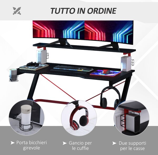 HOMCOM Scrivania Gaming con Ripiano Monitor, Scrivania Porta PC Gaming con Gancio e Portabicchieri Nera e Rossa, 120x60x97cm|Aosom